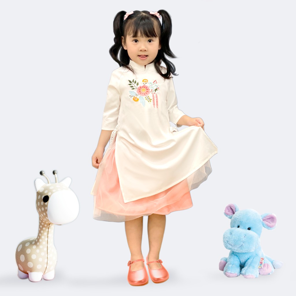 Bộ Áo Dài Cho Bé Gái Vải Lụa Thêu -1458 Bộ Áo Dài Cho Bé Gái Vải Lụa Thêu -1458